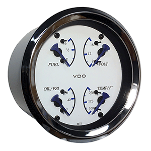 VDO Allentare 4 In 1 Gauge - 85mm - White Dial/Blue Pointer - Oil Pressure, Water Temp, Fuel Level, Voltmeter - Chrome Bezel - 110-10500
