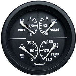 Faria Beede Instruments Faria Heavy-Duty 4" Multifunction [Fuel Level | Oil PSI (100 PSI) | Water Temp (120°-250° F) | Voltmeter (10-16 VDC)] - Black - 43006