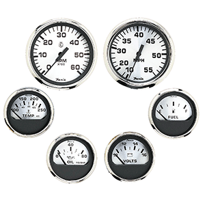Faria Beede Instruments Faria Spun Silver Box Set of 6 Gauges f/ Inboard Engines - Speed, Tach, Voltmeter, Fuel Level, Water Temperature & Oil - KTF0184