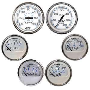 Faria Beede Instruments Faria Chesapeake White w/Stainless Steel Bezel Boxed Set of 6 - Speed, Tach, Fuel Level, Voltmeter, Water Temperature & Oil PSI - KTF063