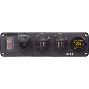 Blue Sea Systems Blue Sea 4368 Water Resistant USB Accessory Panel - 12V Socket, 2x 2.1A Dual USB Chargers, Mini Voltmeter