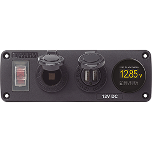 Blue Sea Systems Blue Sea 4366 Water Resistant USB Accessory Panel - Circuit Breaker, 12V Socket, Dual USB Charger, Mini Voltmeter
