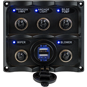 Sea-Dog Water Resistant Toggle Switch Panel w/USB Power Socket - 5 Toggle