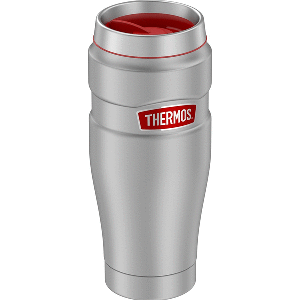 Thermos 16oz Stainless Steel Travel Tumbler - Matte Steel w/Red Badge - 7 Hours Hot/18 Hours Cold - SK1005MSR4