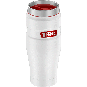 Thermos 16oz Stainless Steel Travel Tumbler - Matte White w/Red Badge - 7 Hours Hot/18 Hours Cold - SK1005WHR4