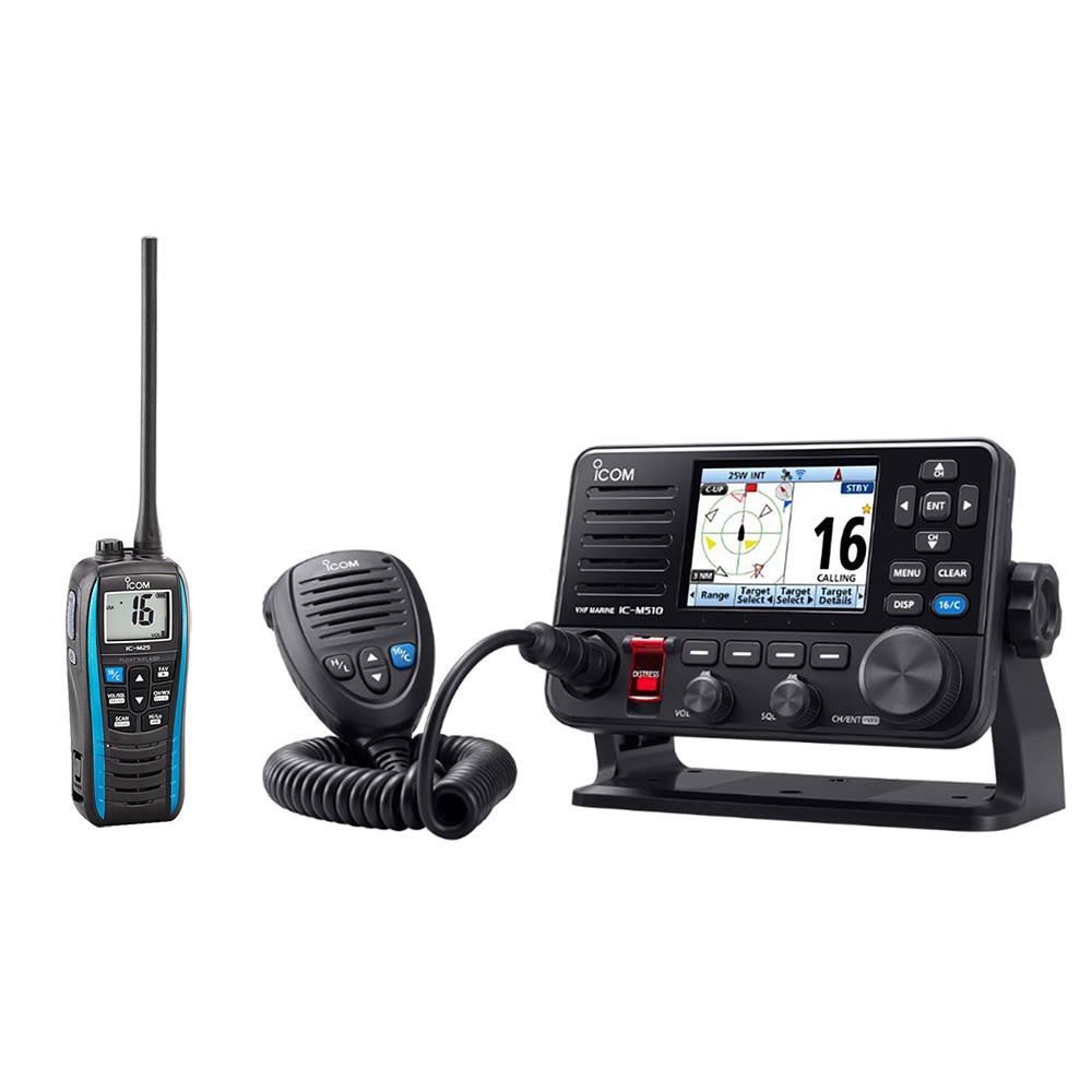 image for Icom M510 EVO 41 VHF w/NMEA 2000 & FREE M25 Floating Handheld VHF Marine Radio – 5W – Blue