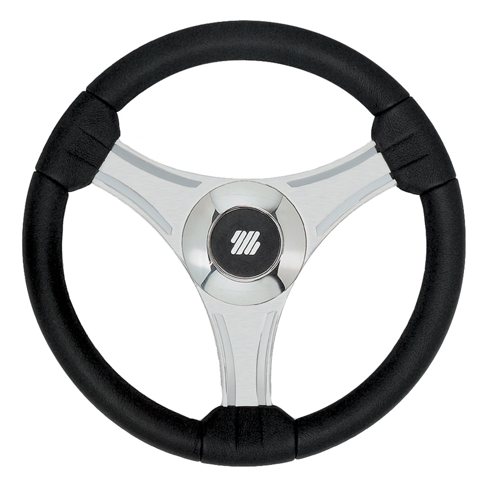 image for Uflex – Tavolara – 13.8″ Black Polyurethane Steering Wheel w/Silver Spokes & X62 Hub