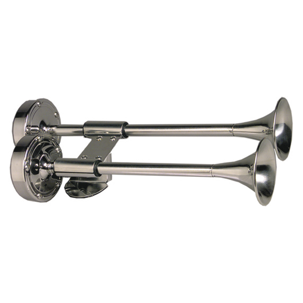 image for Schmitt Marine Deluxe All-Stainless Shorty Dual Trumpet Horn – 12V