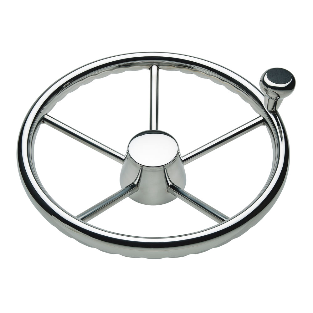 image for Schmitt & Ongaro 170 13.5″ Stainless 5-Spoke Destroyer Wheel w/ Stainless Cap and FingerGrip Rim – Fits 3/4″ Tapered Shaft Helm