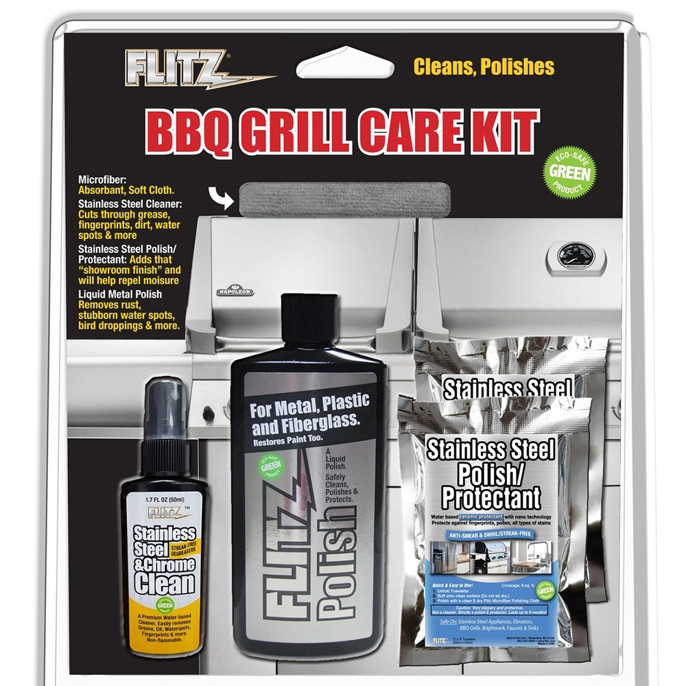 image for Flitz BBQ Grill Care Kit w/Liquid Metal Polish, Stainless Steel Cleaner, Stainless Steel Polish/Protectant Towelettes & Microfiber Cloth