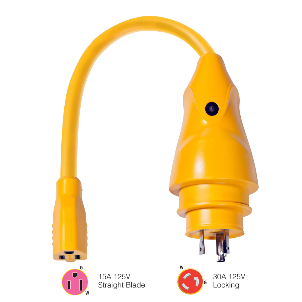 image for Marinco P30-15 EEL 15A-125V Female to 30A-125V Male Pigtail Adapter – Yellow