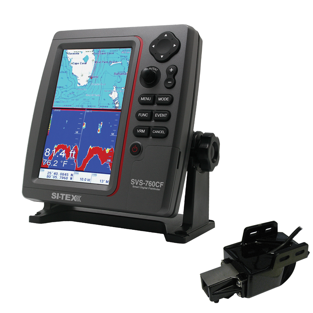 SI-TEX SVS-760CF Dual Frequency Chartplotter Sounder with Navionics+ Flexible Coverage & Transom Mount Triducer - SVS-760CFTM