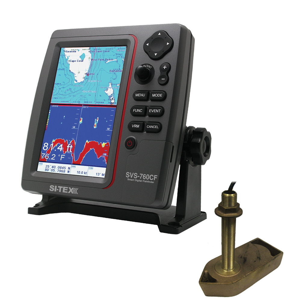 SI-TEX SVS-760CF Dual Frequency Chartplotter/Sounder with  Navionics+ Flexible Coverage & 307/50/200T 8P Transducer - SVS-760CFTH1