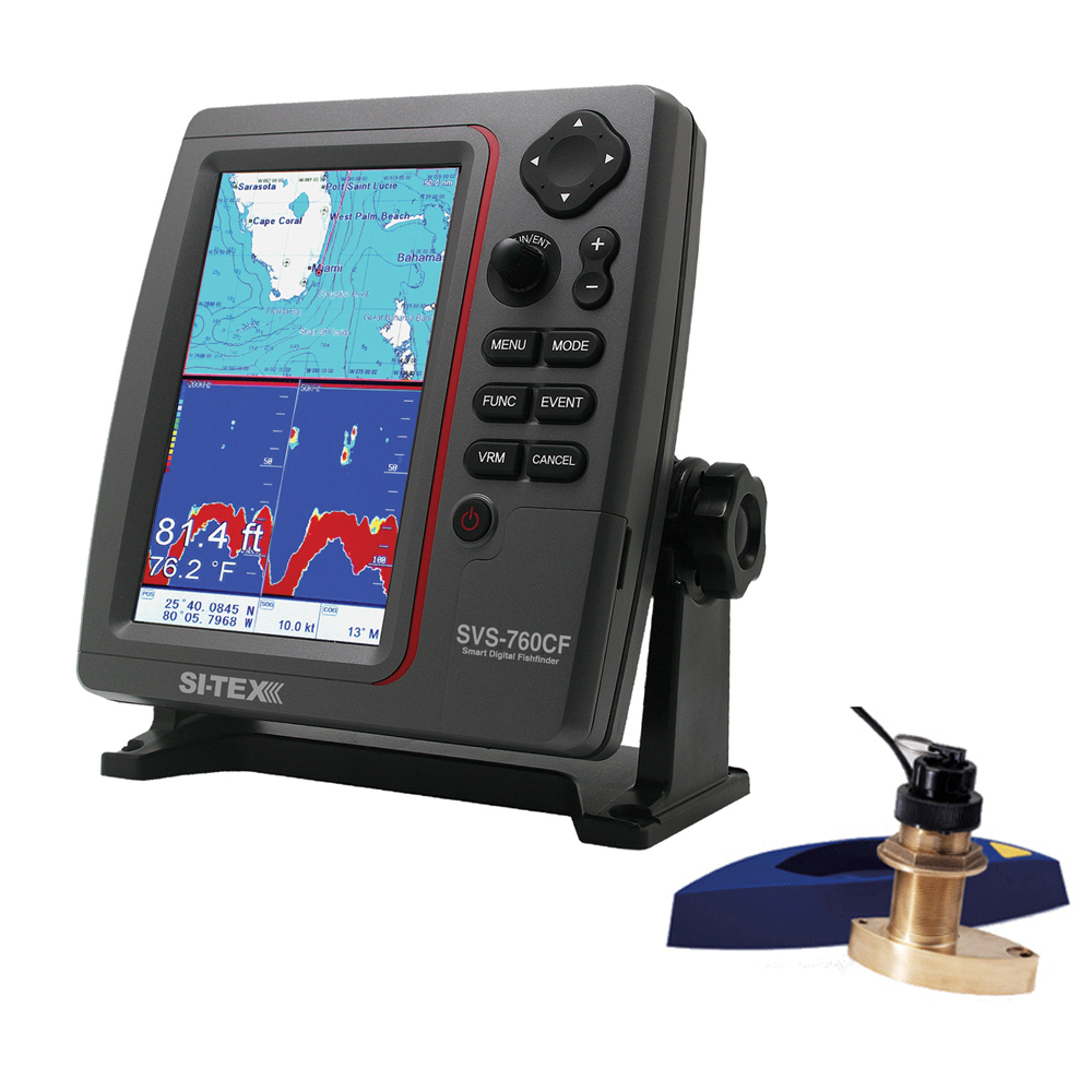 SI-TEX SVS-760CF Dual Frequency Chartplotter/Sounder with  Navionics+ Flexible Coverage & Bronze Thru-Hull Triducer - SVS-760CFTH2