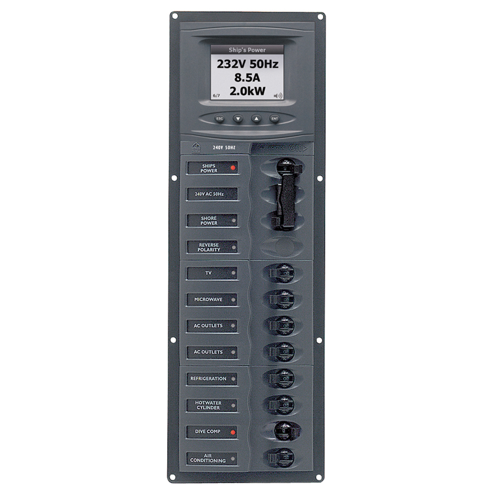 BEP AC Circuit Breaker Panel w/Digital Meters, 8SP 2DP AC230V ACSM Stainless Steel Vertical CD-59028