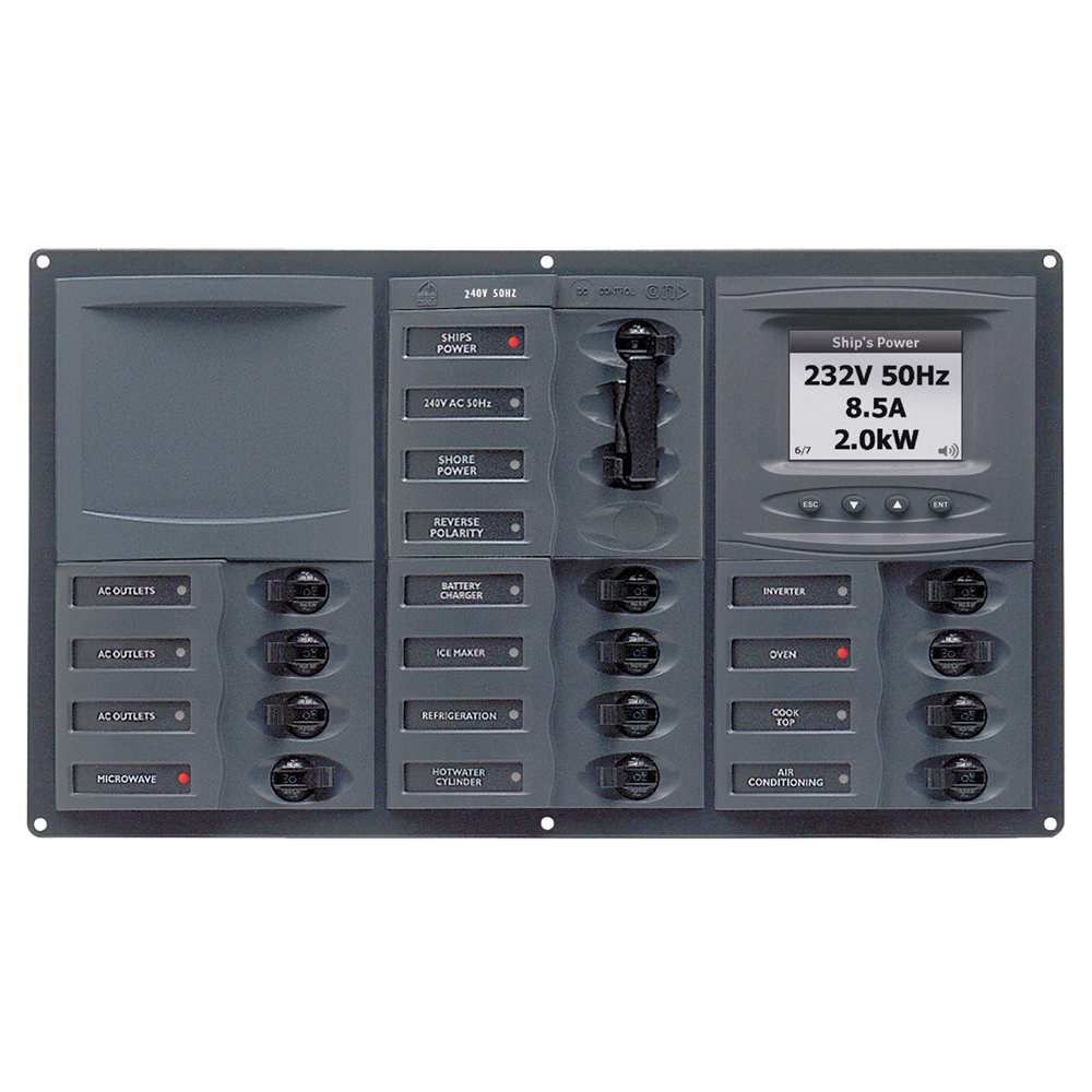 BEP AC Circuit Breaker Panel w/Digital Meters, 12SP 2DP AC230V ACSM Stainless Steel Horizontal CD-59031