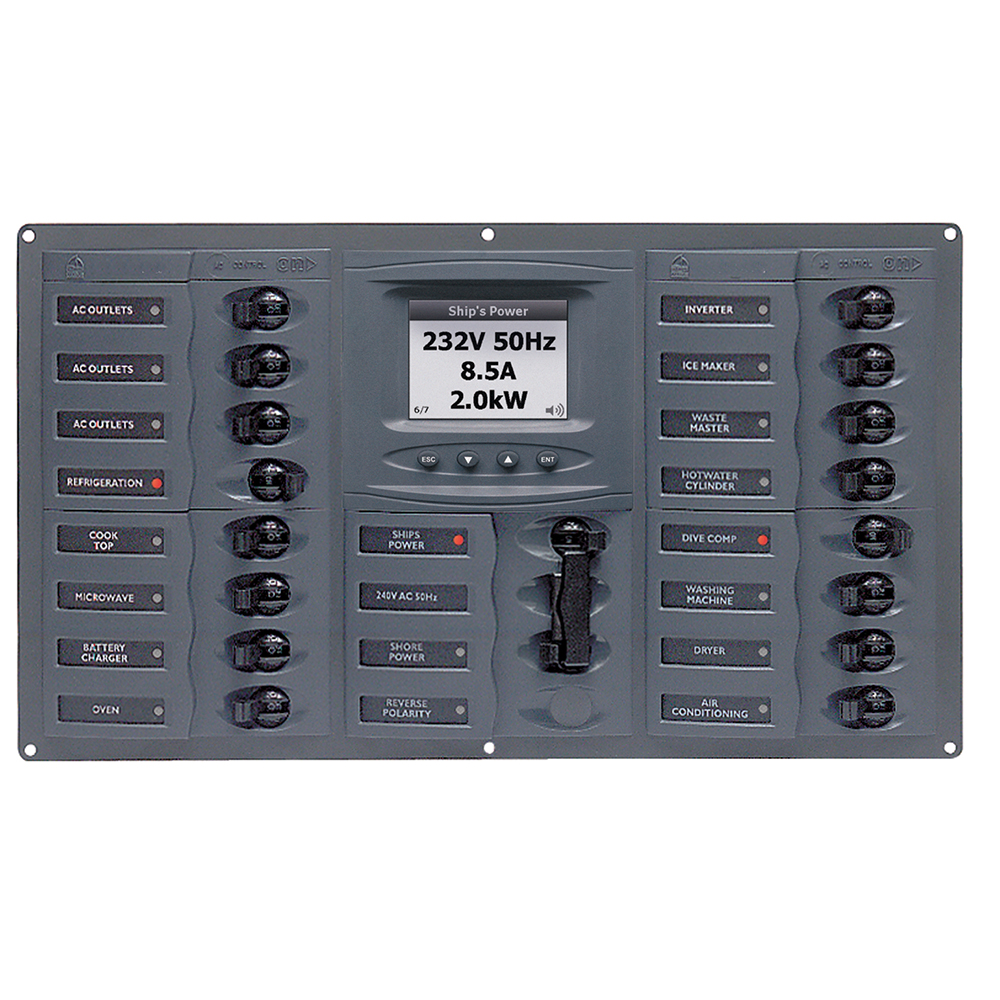 image for BEP AC Circuit Breaker Panel w/Digital Meters, 16SP 2DP AC230V ACSM Stainless Steel Horizontal