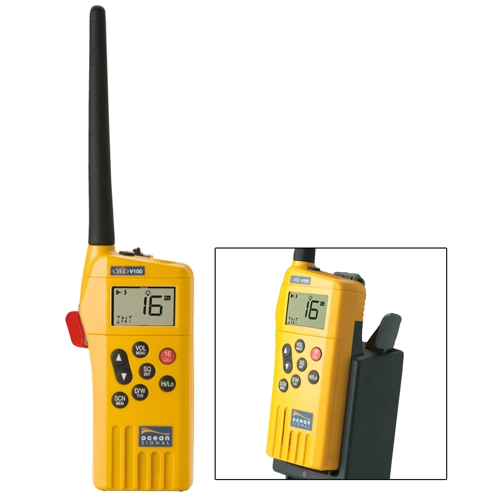 image for Ocean Signal SafeSea V100 GMDSS VHF Radio – 21 Channels w/Battery Kit