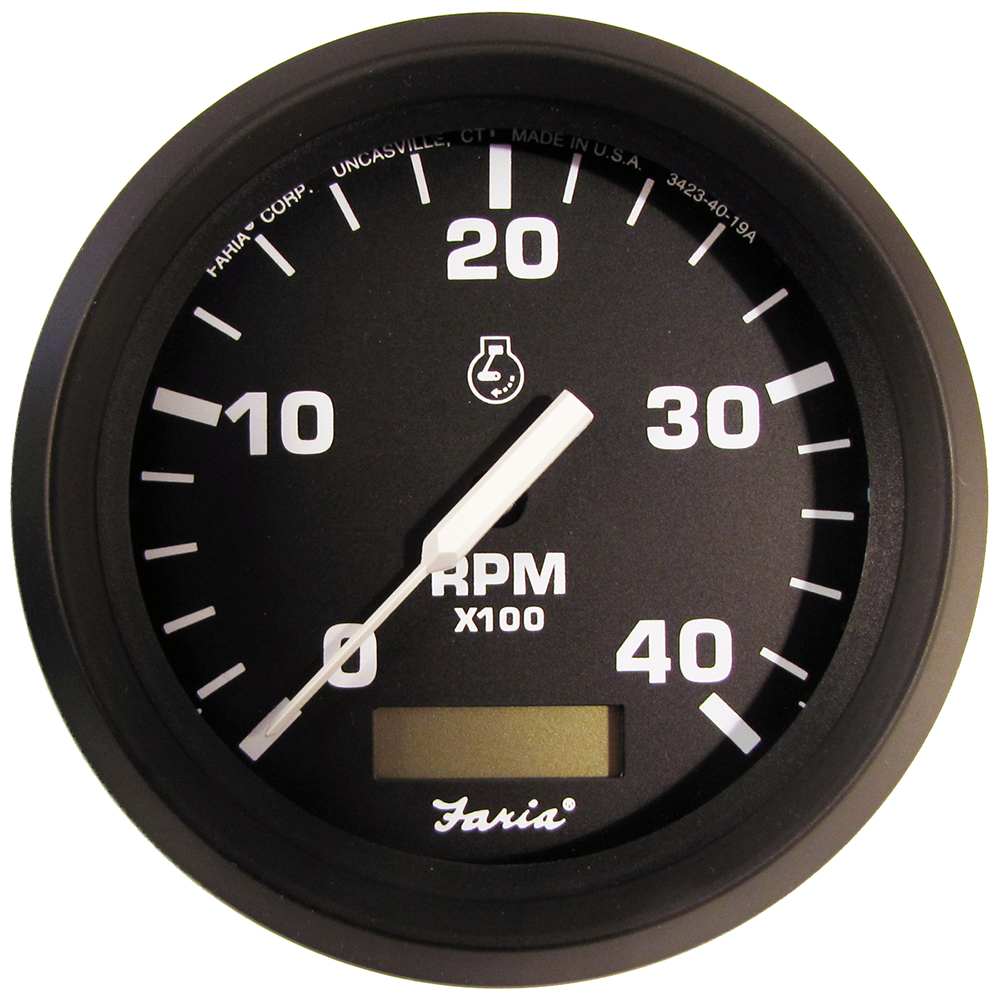 image for Faria Euro Black 4″ Tachometer w/Hourmeter (4000 RPM) (Diesel)(Mech. Takeoff & Var. Ratio Alt.)