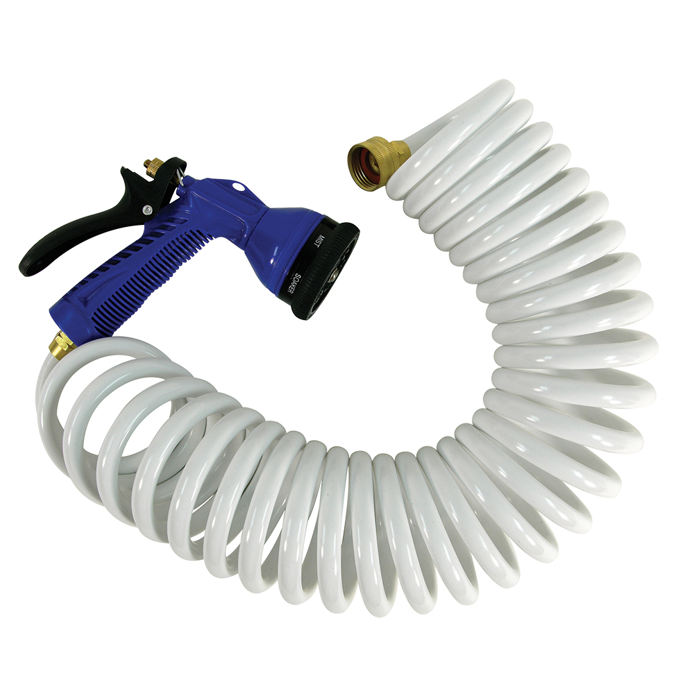 15' White Coiled Hose  with Adjustable Nozzle - P-0440