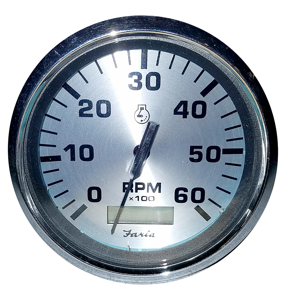 image for Faria Spun Silver 4″ Tachometer w/Hourmeter (6000 RPM) (Gas Inboard)