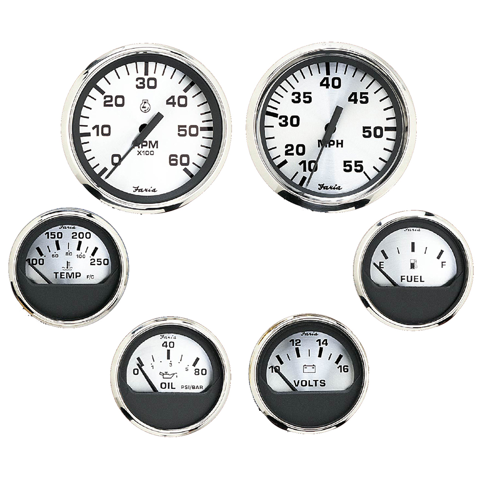 image for Faria Spun Silver Box Set of 6 Gauges f/ Inboard Engines – Speed, Tach, Voltmeter, Fuel Level, Water Temperature & Oil