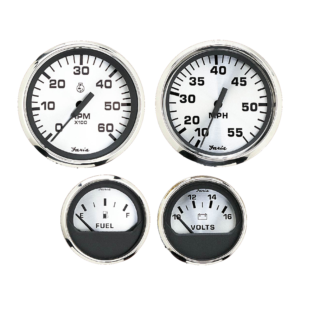 image for Faria Spun Silver Box Set of 4 Gauges f/Outboard Engines – Speedometer, Tach, Voltmeter & Fuel Level