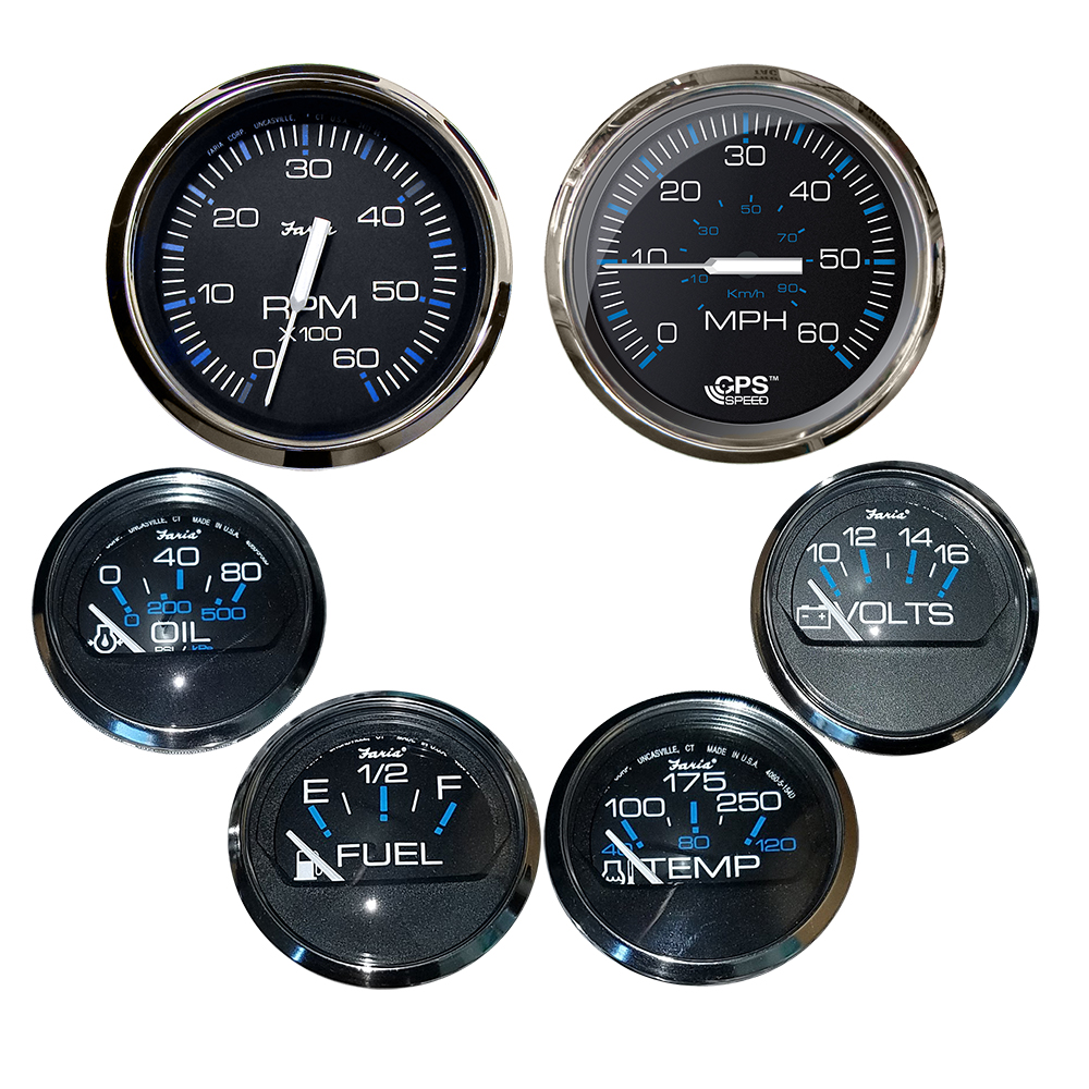 image for Faria Chesapeake Black w/Stainless Steel Bezel Boxed Set of 6 – Speed, Tach, Fuel Level, Voltmeter, Water Temperature & Oil PSI – Inboard Motors