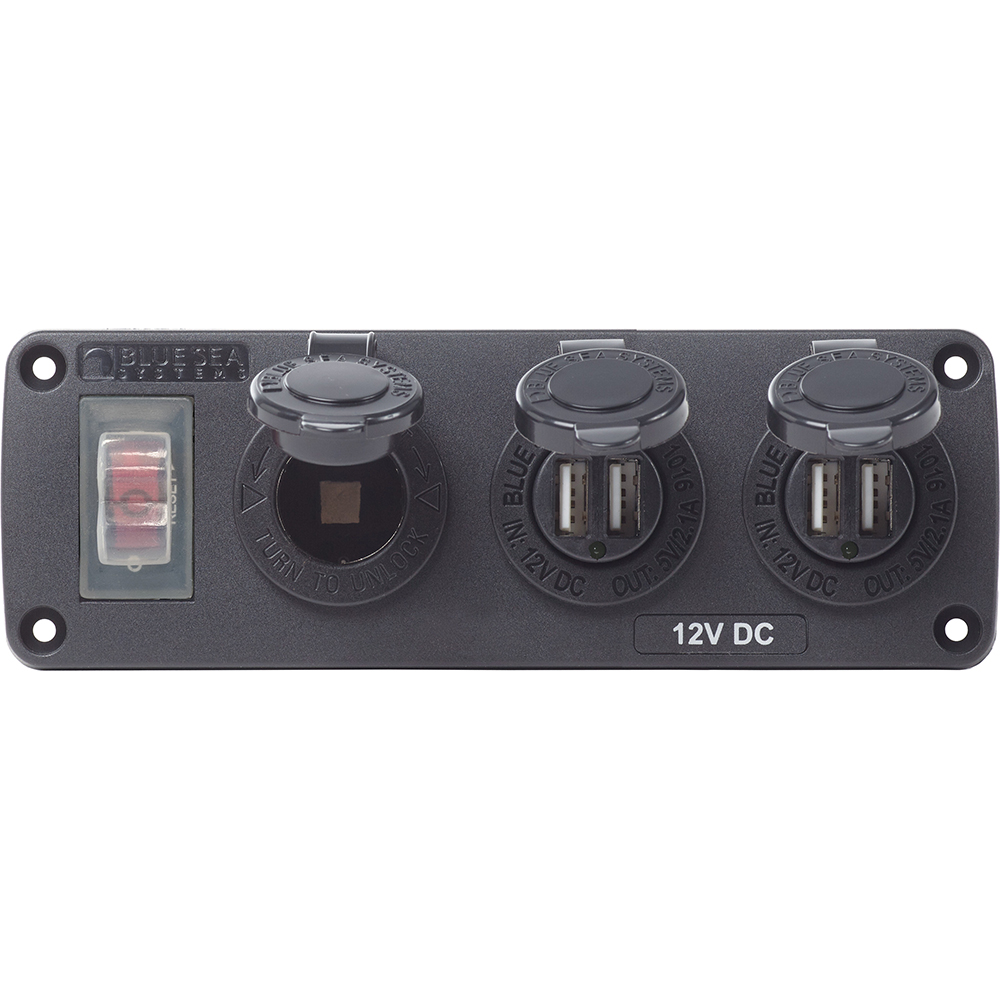 Blue Sea 4365 Water Resistant USB Accessory Panel - 15A Circuit Breaker, 12V Socket, 2x 2.1A Dual USB Chargers CD-75135