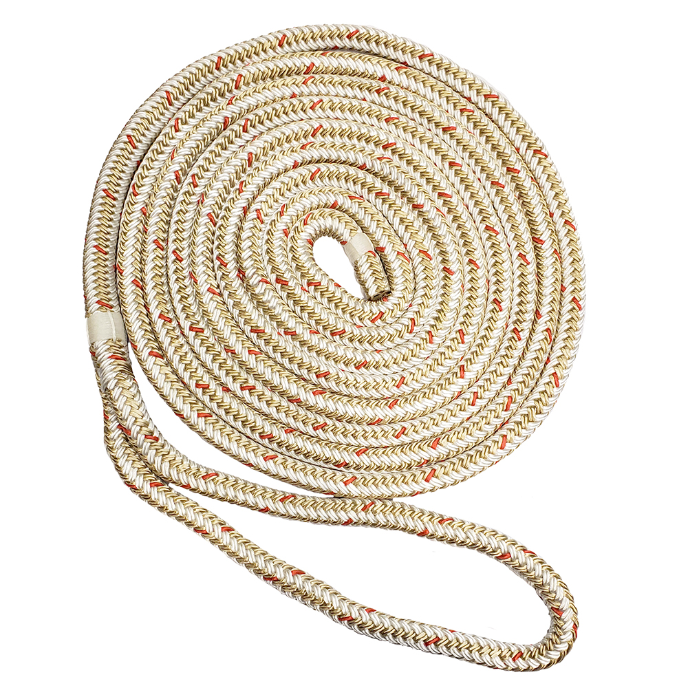 image for New England Ropes 1/2″ x 15' Nylon Double Braid Dock Line – White/Gold w/Tracer