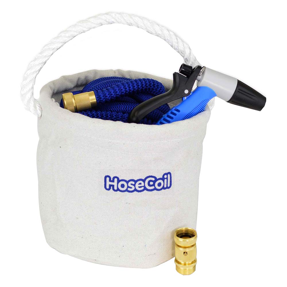HoseCoil Canvas Bucket w/75' Expandable Hose, Rubber Tip Nozzle & Quick Release - HCE75CB