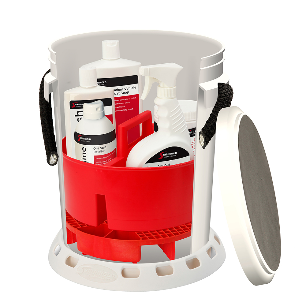 Shurhold 5 Gallon White Bucket Kit - Includes Bucket, Caddy, Grate Seat, Buff Magic, Pro Polish Brite Wash, SMC & Serious Shine - 2465