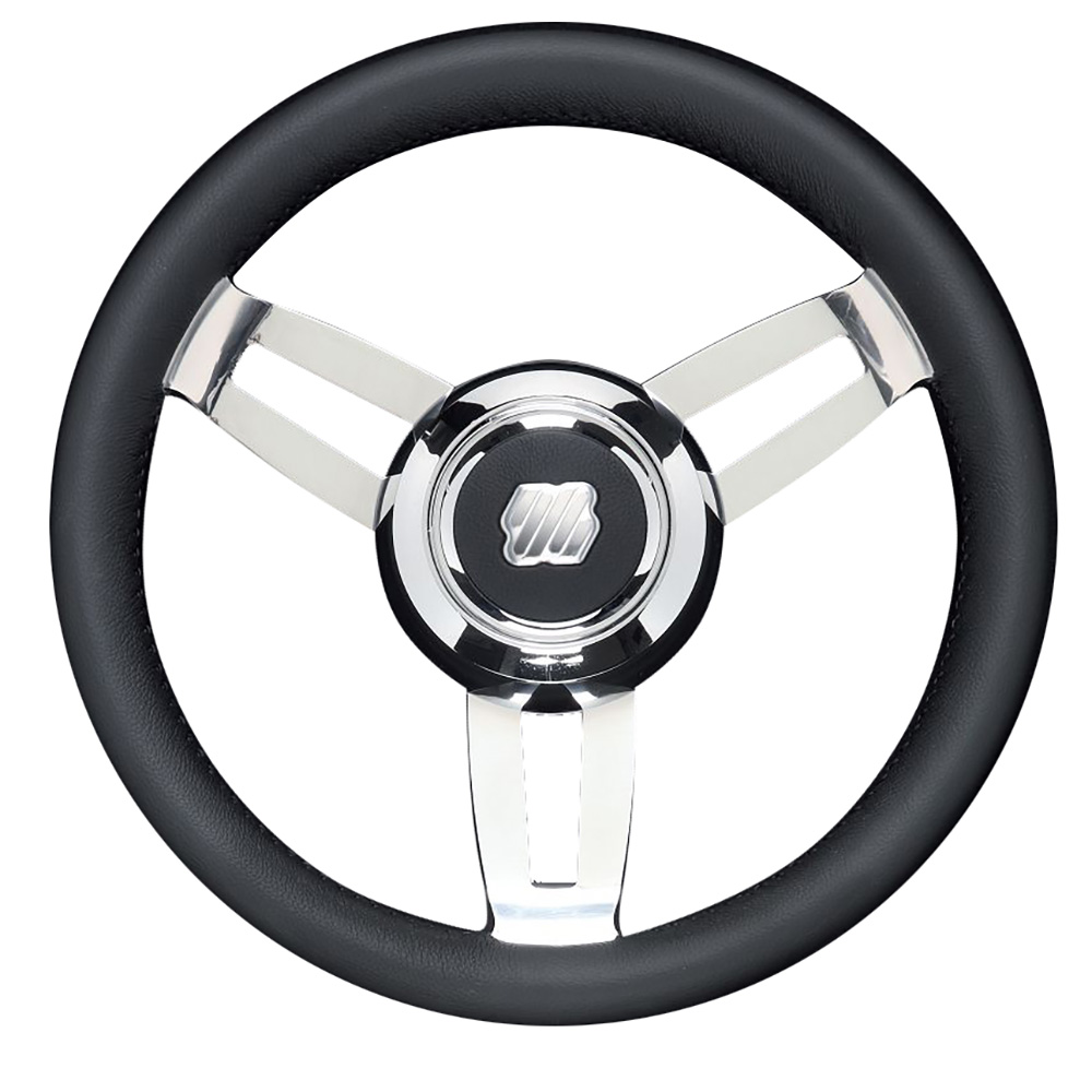 image for Uflex Morosini 13.8″ Steering Wheel – Black Polyurethane w/Stainless Steel Spokes & Chrome Hub