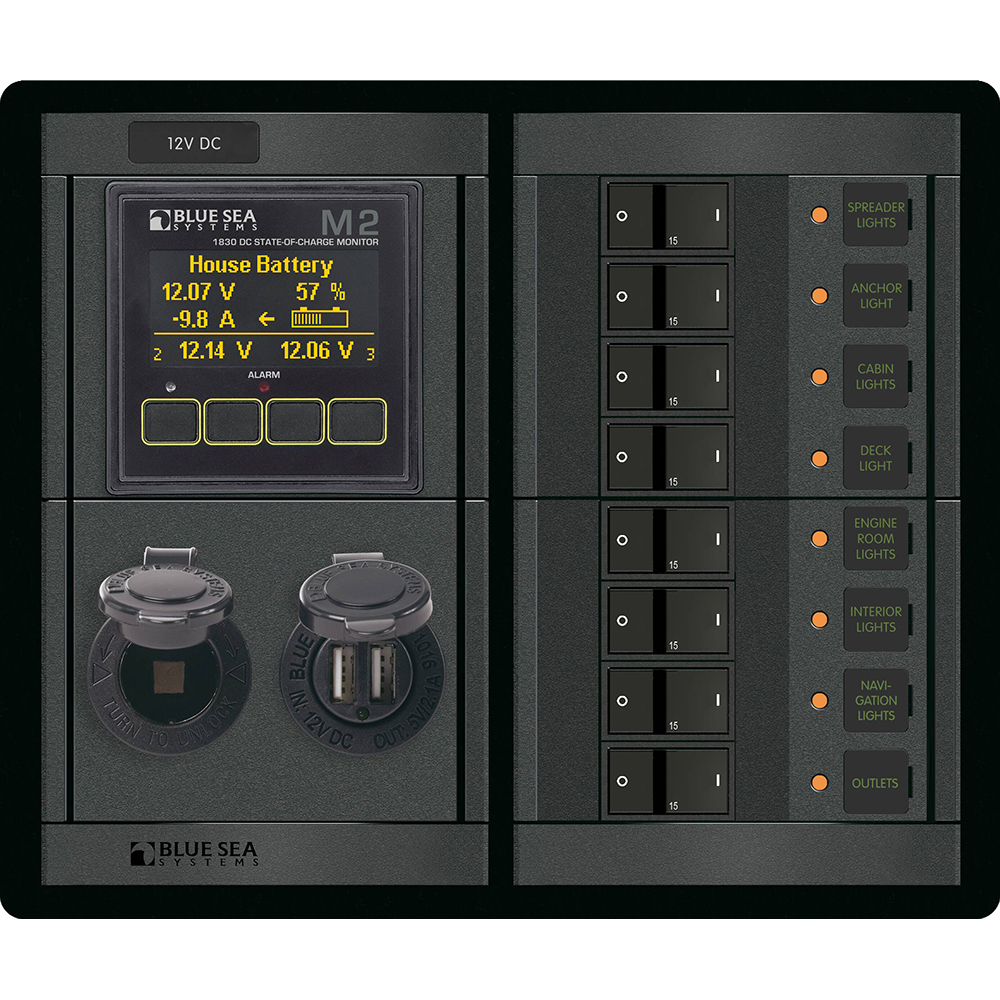 Blue Sea 1497 - 360 Panel - 8 Position 12V Flat Rocker M2 Multimeter w/SOC &amp; Dual USB/12V Socket CD-94725