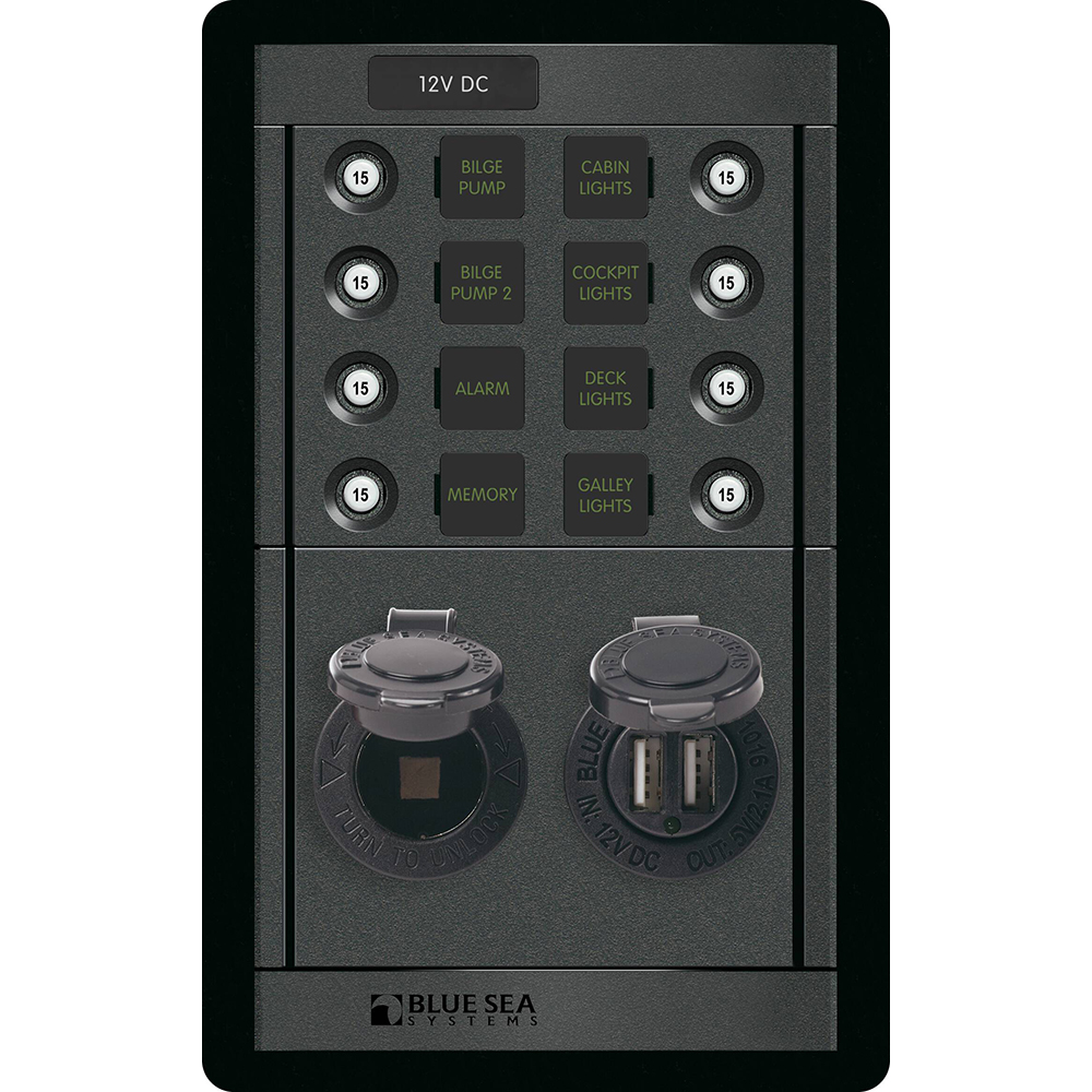 image for Blue Sea 1498 – 360 Panel – 8 Position 12V Panel w/Dual USB & 12V Socket