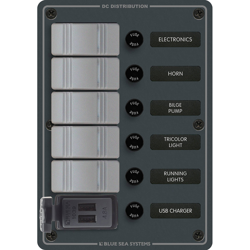 image for Blue Sea 8121 – 5 Position Contura Switch Panel w/Dual USB Chargers – 12/24V DC – Black