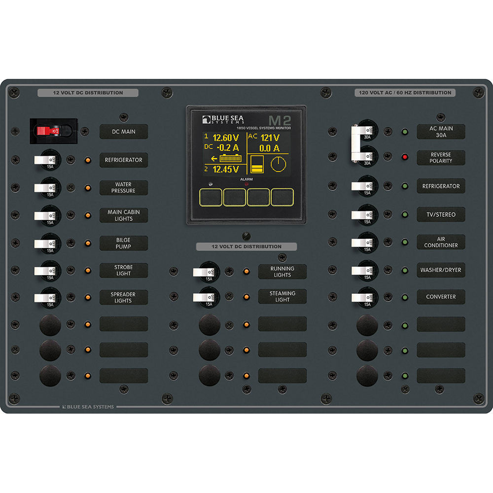 image for Blue Sea 8413 – Metal AC/DC Panel w/M2 Vessel Systems Monitor & 22 Circuit Breakers (15A)