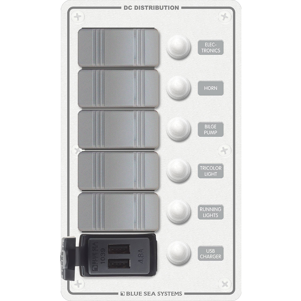 image for Blue Sea 8421 – 5 Position Contura Switch Panel w/Dual USB Chargers – 12/24V DC – White