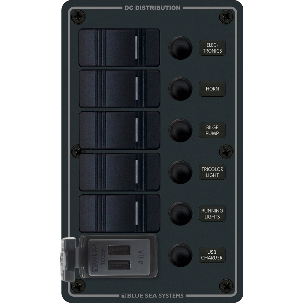 image for Blue Sea 8521 – 5 Position Contura Switch Panel w/Dual USB Chargers – 12/24V DC – Black