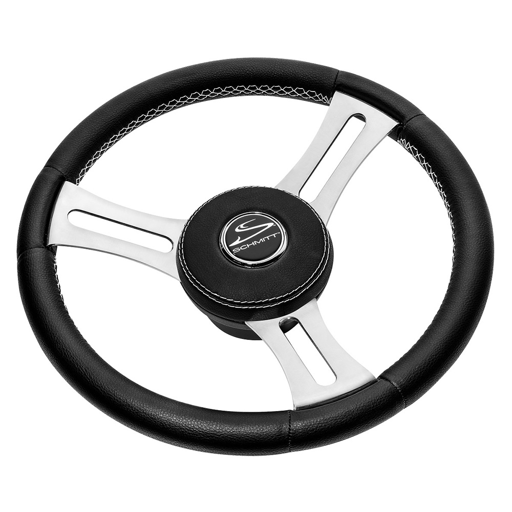 image for Schmitt Marine Torcello Elite 14″ Wheel – Black Leather & Cap – White Stitching – Polished SS Spokes – 3/4″ Tapered Shaft