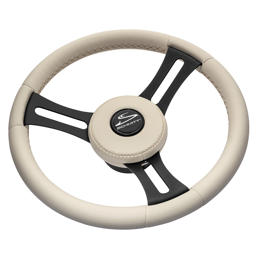 image for Schmitt Marine Torcello Elite 14″ Wheel – Beige Leather & Cap – White Stitching – Black SS Spokes – 3/4″ Tapered Shaft