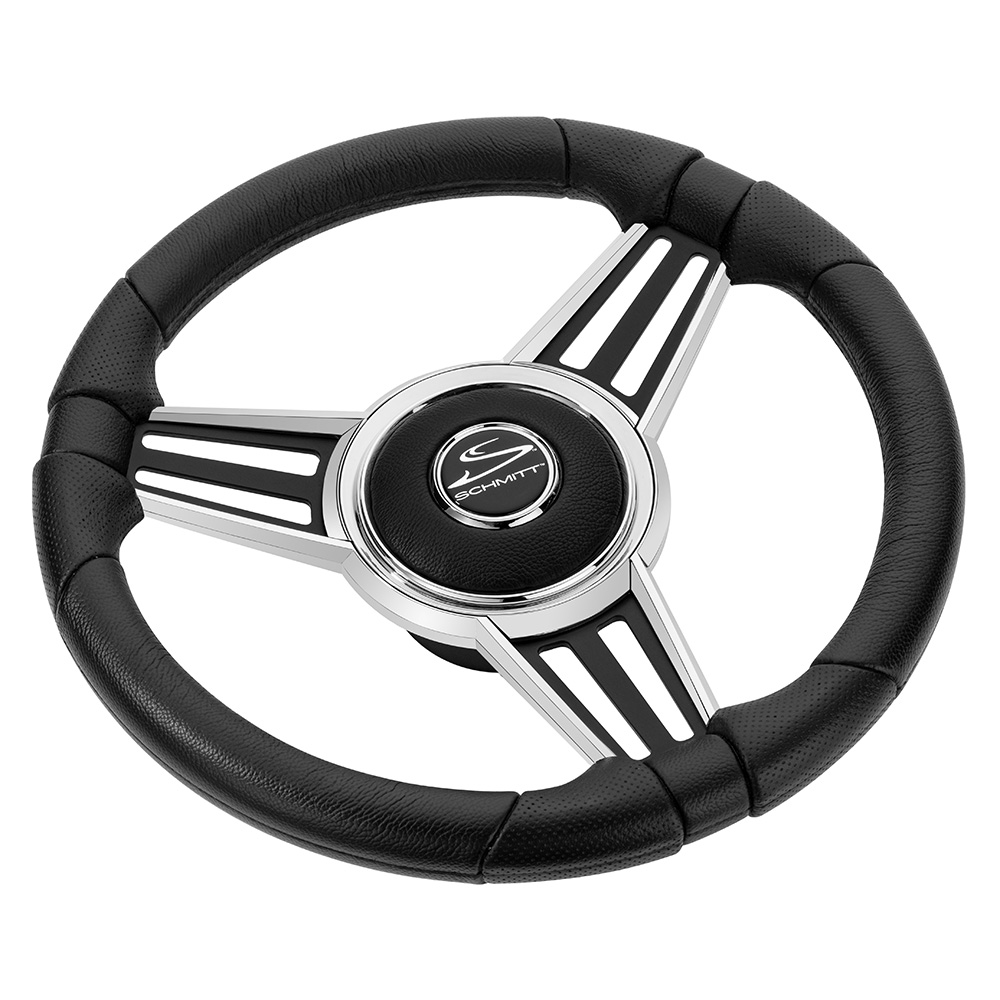 image for Schmitt Marine PU30 14″ Wheel – Chrome Cap & Spoke Inserts – Black Spokes – 3/4″ Tapered Shaft
