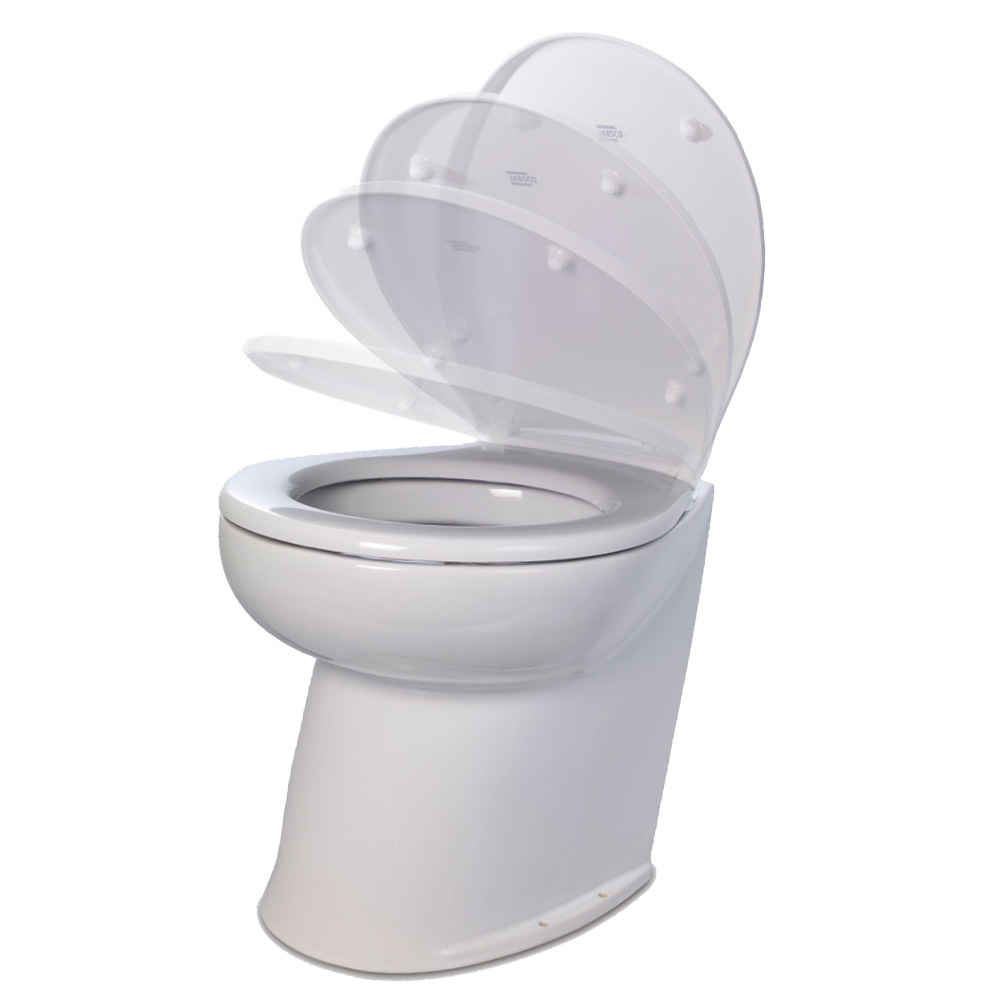 image for Jabsco Deluxe Flush 14″ Angled Back 12V Freshwater Electric Marine Toilet w/Solenoid Valve & Soft Close Lid