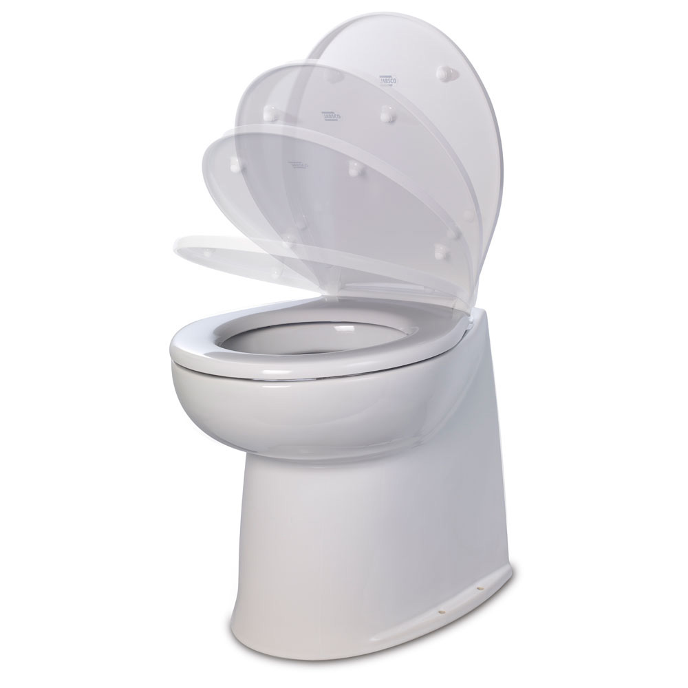 image for Jabsco Deluxe Flush 14″ Straight Back 12V Freshwater Electric Marine Toilet w/Solenoid Valve & Soft Close Lid
