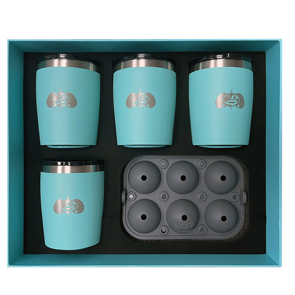 image for Toadfish Non-Tipping 10oz Teal Rocks Tumblers w/Ice Ball Tray – 4 Tumblers