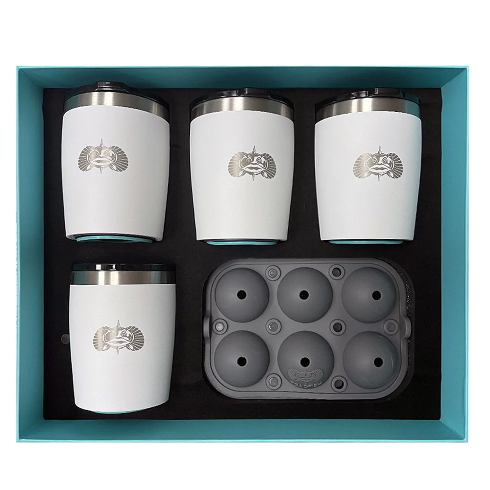 image for Toadfish Non-Tipping 10oz White Rocks Tumblers w/Ice Ball Tray – 4 Tumblers