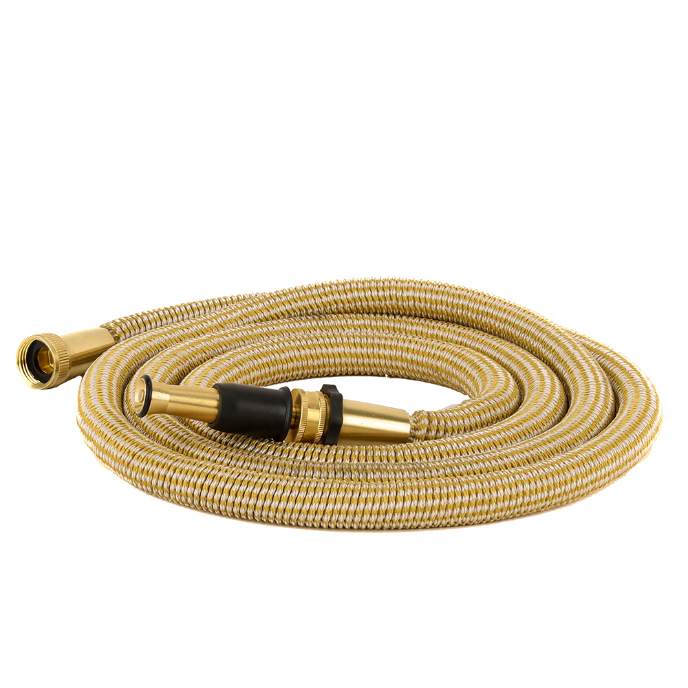 image for HoseCoil 25' Expandable PRO w/Brass Twist Nozzle & Nylon Mesh Bag – Gold/White