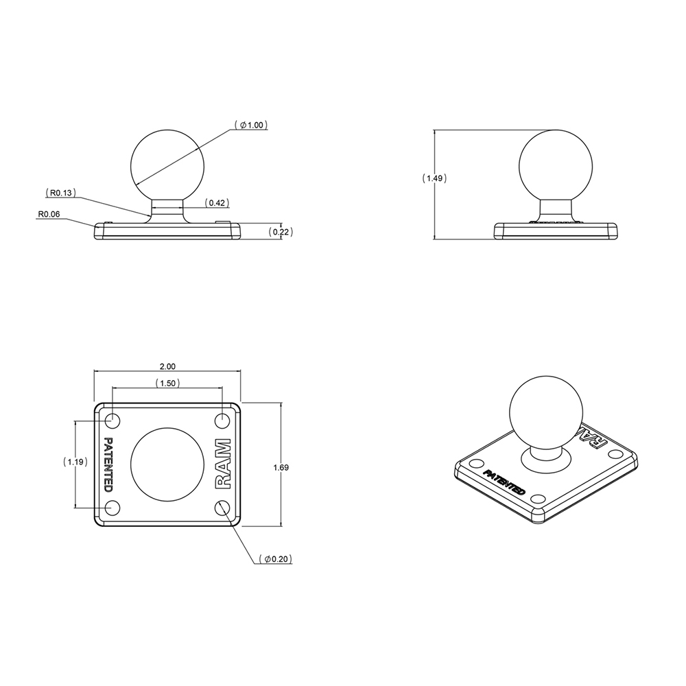 RAM Mount Square 2" x 1.7" Base w/1" Ball 3