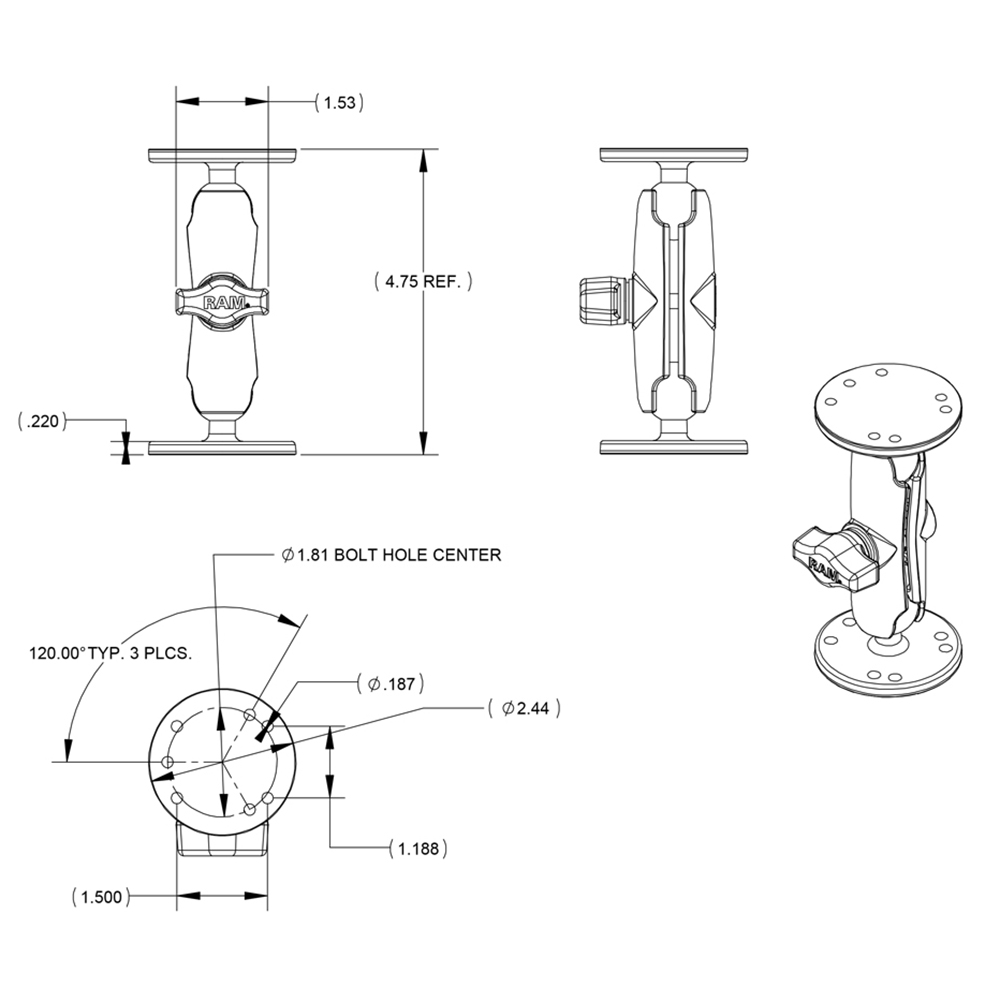 RAM Mount 1" Ball Double Socket Arm w/2 2.5" Round Bases - AMPS Hole Pattern 2
