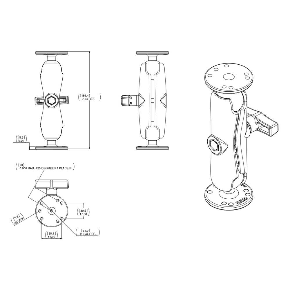 RAM Mount 1.5" Ball Double Socket Arm w/2 2.5" Round Bases - AMPs Pattern 3